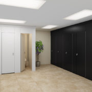 Black & White Aria Partitions in Commercial Restroom Black & White Aria Partitions in Commercial Restroom