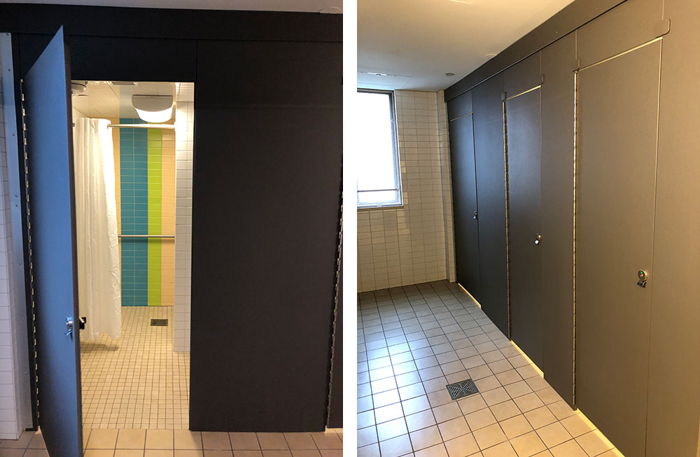 Scranton Products University of Oregon Aria Partition Case Study hero Two photos, one showing Aria Partition with door open, and other with row of doors closed